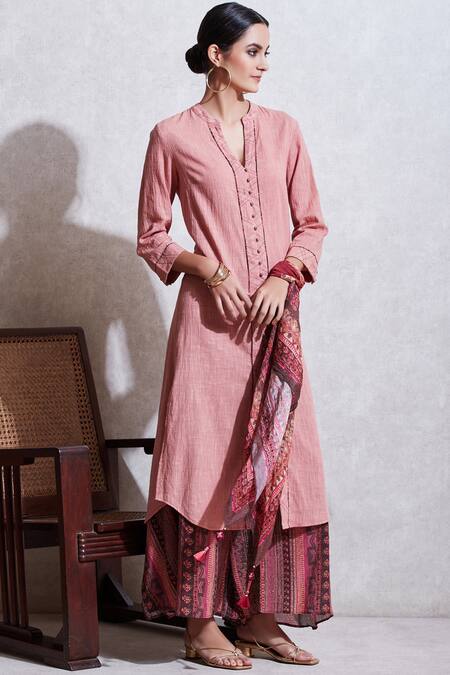 Buy Ritu Kumar Pink Cotton Slub Band Collar Button Down Kurta Set Online at Aza Fashions Buy_Ritu Kumar_Pink Cotton Slub Band Collar Button Down Kurta Set_Online_at_Aza_Fashions