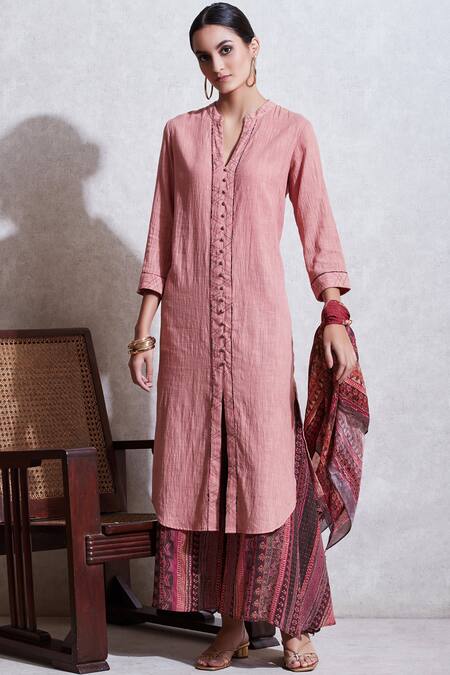 Shop Ritu Kumar Pink Cotton Slub Band Collar Button Down Kurta Set Online at Aza Fashions Shop_Ritu Kumar_Pink Cotton Slub Band Collar Button Down Kurta Set_Online_at_Aza_Fashions