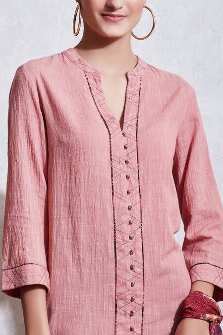 Ritu Kumar Pink Cotton Slub Band Collar Button Down Kurta Set at Aza Fashions Ritu Kumar_Pink Cotton Slub Band Collar Button Down Kurta Set_at_Aza_Fashions
