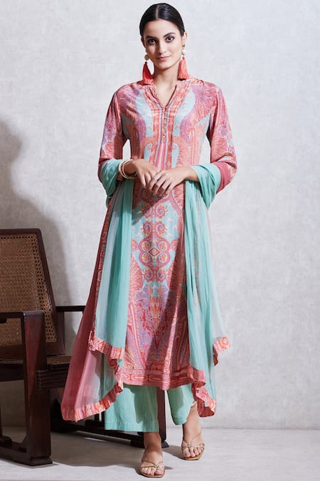 Ritu Kumar Green Viscose Band Collar Printed Kurta Set 