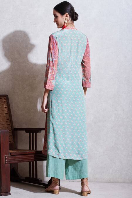 Shop_Ritu Kumar_Green Viscose Band Collar Printed Kurta Set_at_Aza_Fashions