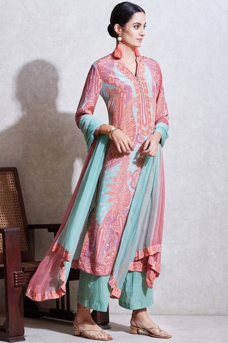 Ritu Kumar_Green Viscose Band Collar Printed Kurta Set_Online_at_Aza_Fashions