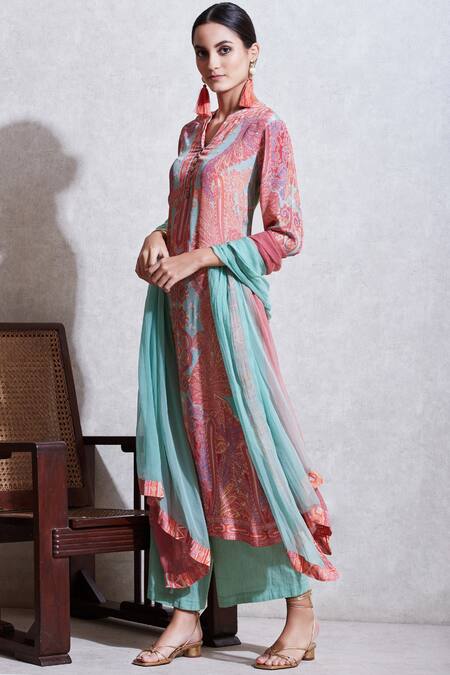 Buy_Ritu Kumar_Green Viscose Band Collar Printed Kurta Set_Online_at_Aza_Fashions