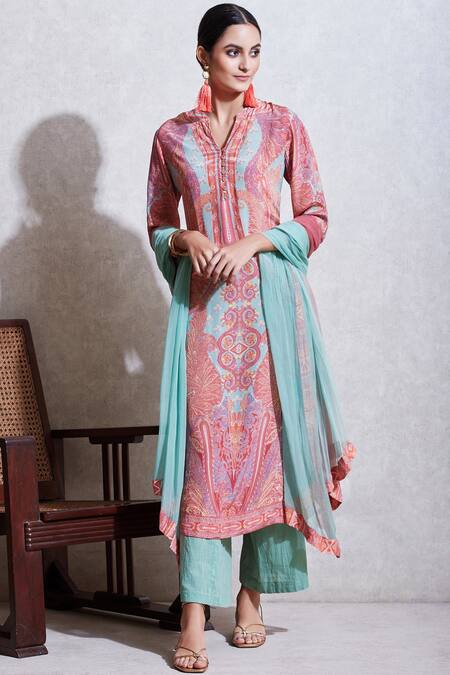 Shop_Ritu Kumar_Green Viscose Band Collar Printed Kurta Set_Online_at_Aza_Fashions