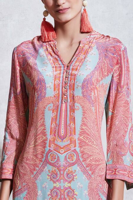 Ritu Kumar_Green Viscose Band Collar Printed Kurta Set_at_Aza_Fashions