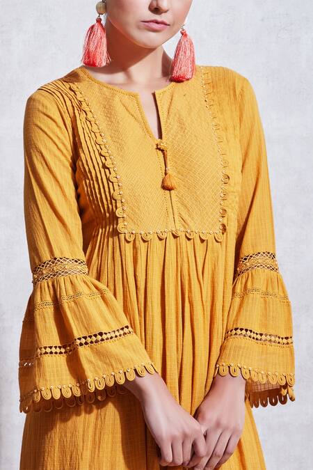 Shop_Ritu Kumar_Yellow Dobby Round Textured Kurta_Online_at_Aza_Fashions
