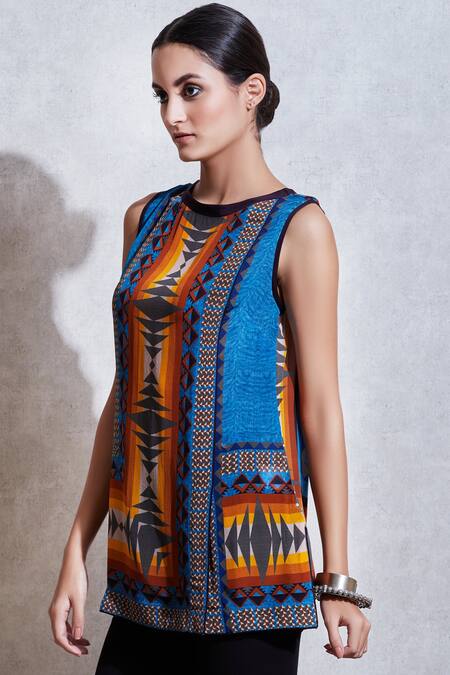 Buy_Ritu Kumar_Multi Color Rayon Round Printed Short Tunic_Online_at_Aza_Fashions
