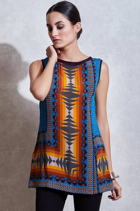 Shop_Ritu Kumar_Multi Color Rayon Round Printed Short Tunic_Online_at_Aza_Fashions