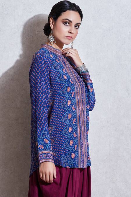 Ritu Kumar_Blue Rayon Band Printed Short Tunic_Online_at_Aza_Fashions