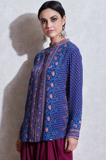 Buy_Ritu Kumar_Blue Rayon Band Printed Short Tunic_Online_at_Aza_Fashions