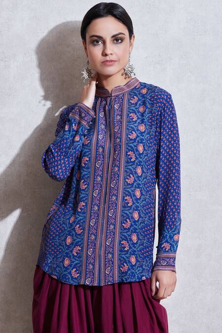 Shop_Ritu Kumar_Blue Rayon Band Printed Short Tunic_Online_at_Aza_Fashions