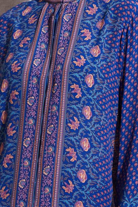 Ritu Kumar_Blue Rayon Band Printed Short Tunic_at_Aza_Fashions