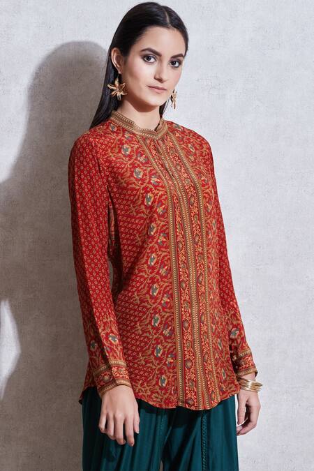 Ritu Kumar_Red Rayon Band Printed Short Tunic_Online_at_Aza_Fashions