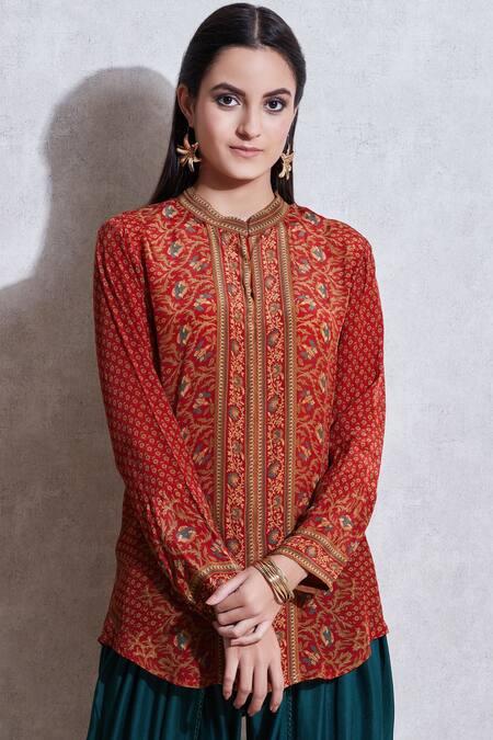 Shop_Ritu Kumar_Red Rayon Band Printed Short Tunic_Online_at_Aza_Fashions