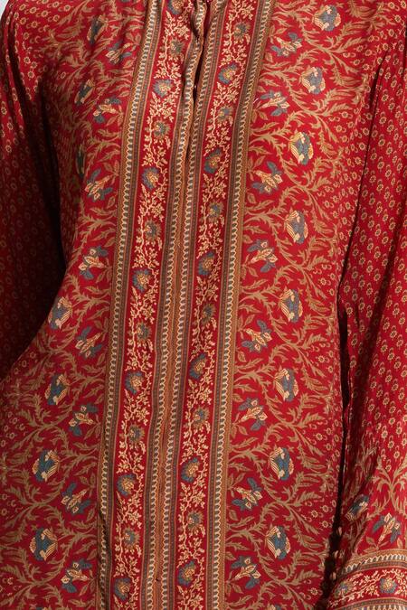 Ritu Kumar_Red Rayon Band Printed Short Tunic_at_Aza_Fashions