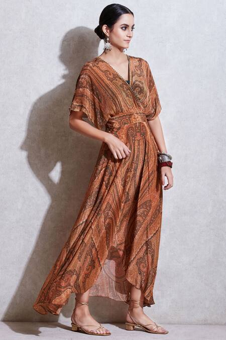 Buy_Ritu Kumar_Beige Crepe, Rayon V Neck Printed Maxi Dress_Online_at_Aza_Fashions