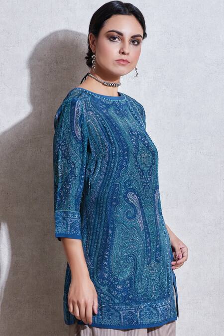 Ritu Kumar_Blue Rayon Round Printed Short Tunic_Online_at_Aza_Fashions