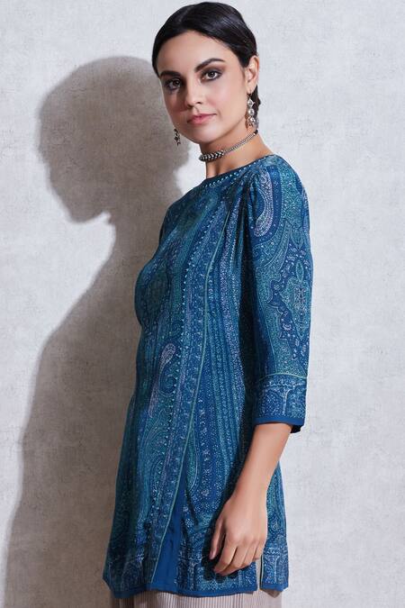 Buy_Ritu Kumar_Blue Rayon Round Printed Short Tunic_Online_at_Aza_Fashions
