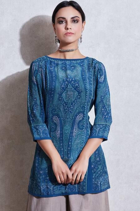 Shop_Ritu Kumar_Blue Rayon Round Printed Short Tunic_Online_at_Aza_Fashions