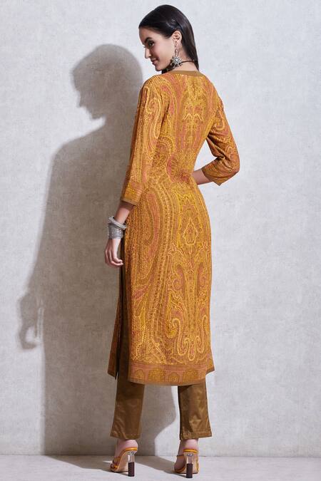 Shop Ritu Kumar Yellow Rayon Round Printed Kurta Set at Aza Fashions Shop_Ritu Kumar_Yellow Rayon Round Printed Kurta Set_at_Aza_Fashions