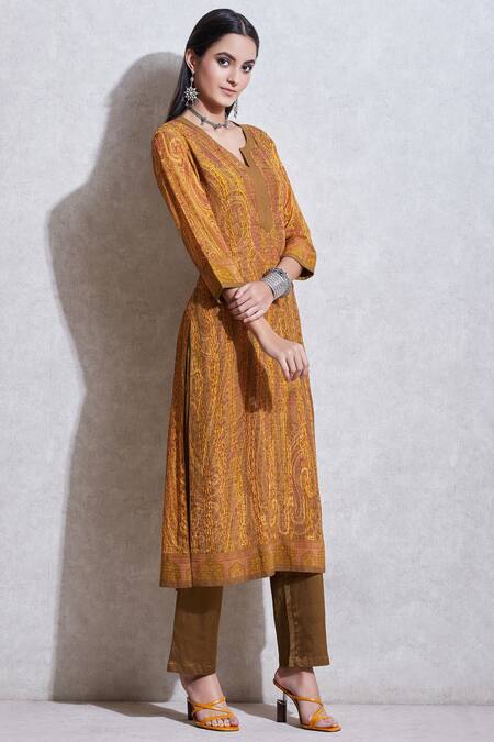 Ritu Kumar Yellow Rayon Round Printed Kurta Set Online at Aza Fashions Ritu Kumar_Yellow Rayon Round Printed Kurta Set_Online_at_Aza_Fashions