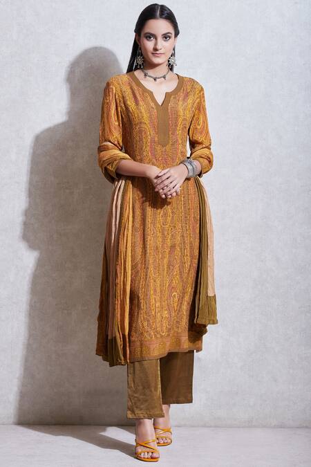 Shop Ritu Kumar Yellow Rayon Round Printed Kurta Set Online at Aza Fashions Shop_Ritu Kumar_Yellow Rayon Round Printed Kurta Set_Online_at_Aza_Fashions