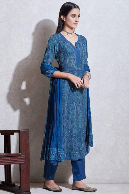 Ritu Kumar_Blue Round Printed Kurta Set_Online_at_Aza_Fashions