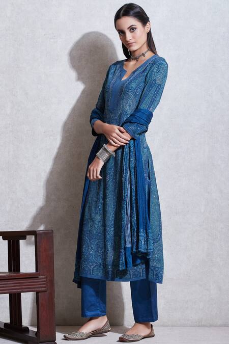 Buy_Ritu Kumar_Blue Round Printed Kurta Set_Online_at_Aza_Fashions
