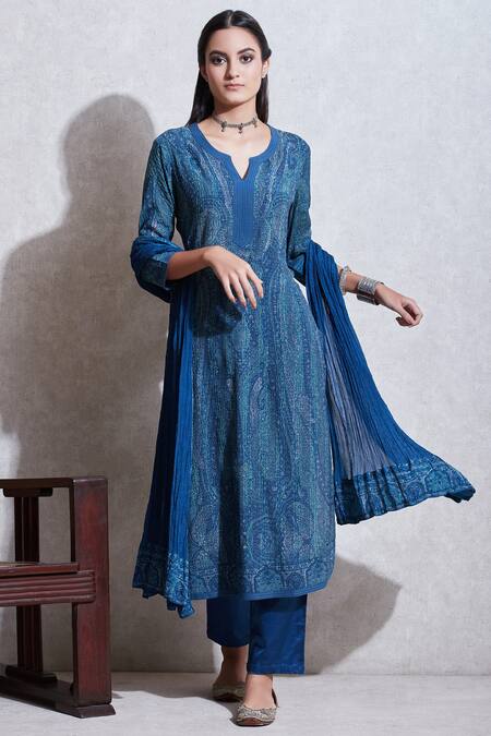 Shop_Ritu Kumar_Blue Round Printed Kurta Set_Online_at_Aza_Fashions