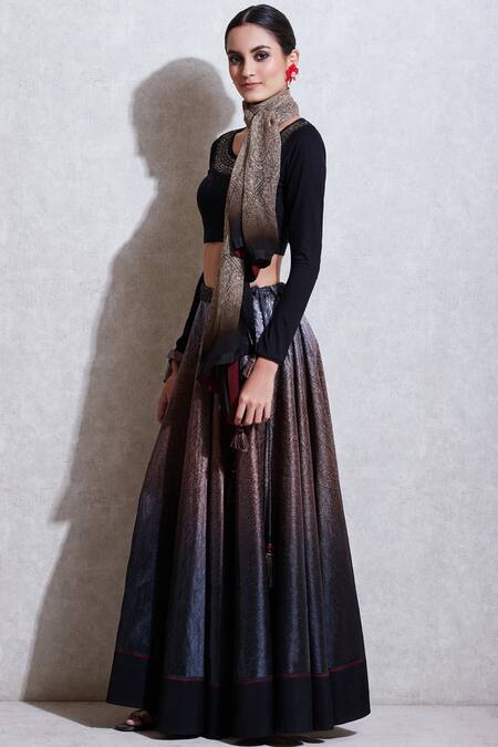 Buy_Ritu Kumar_Black Crepe, Rayon Round Printed Lehenga Set_Online_at_Aza_Fashions
