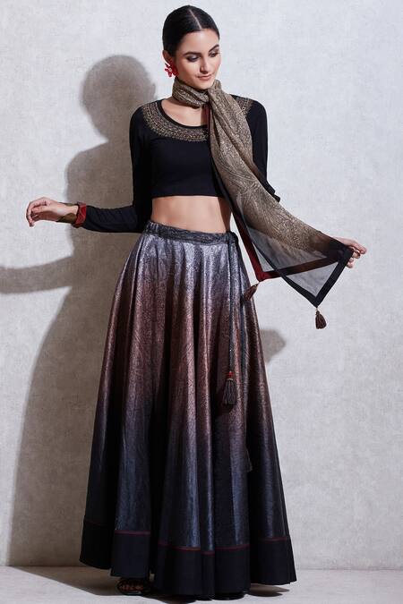 Shop_Ritu Kumar_Black Crepe, Rayon Round Printed Lehenga Set_Online_at_Aza_Fashions
