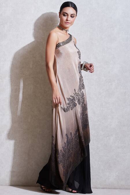 Ritu Kumar_Beige Rayon Asymmetric Printed Tunic Skirt Set_Online_at_Aza_Fashions