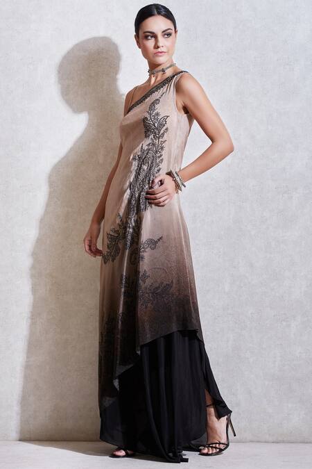 Buy_Ritu Kumar_Beige Rayon Asymmetric Printed Tunic Skirt Set_Online_at_Aza_Fashions
