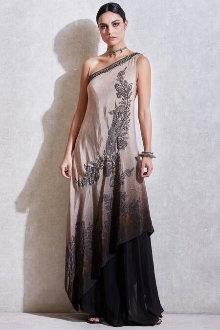 Shop_Ritu Kumar_Beige Rayon Asymmetric Printed Tunic Skirt Set_Online_at_Aza_Fashions