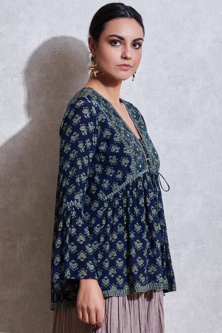 Ritu Kumar_Blue Rayon V Neck Printed Short Tunic_Online_at_Aza_Fashions