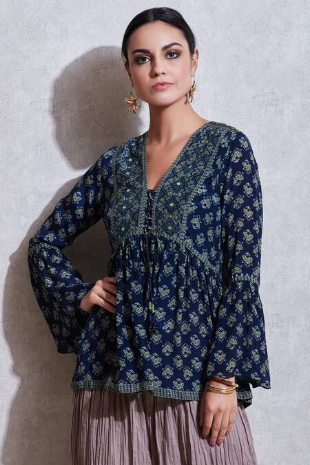 Shop_Ritu Kumar_Blue Rayon V Neck Printed Short Tunic_Online_at_Aza_Fashions