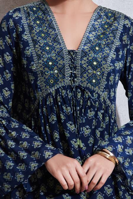 Ritu Kumar_Blue Rayon V Neck Printed Short Tunic_at_Aza_Fashions