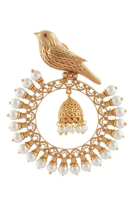 Just Shradhas_Gold Plated Pearls Carved Stone Hoops_Online_at_Aza_Fashions
