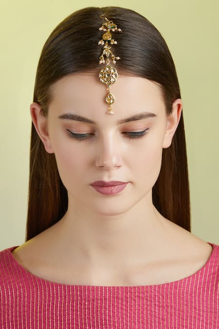 Shop Just Shradhas Gold Plated Kundan Maangtikka at Aza Fashions Shop_Just Shradhas_Gold Plated Kundan Maangtikka _at_Aza_Fashions