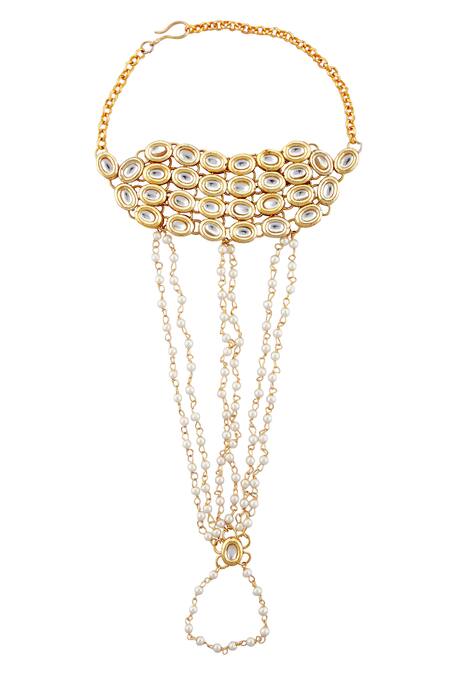 Shop_Just Shradhas_Gold Plated Pearls, Stones Kundan Haathphool Set _at_Aza_Fashions