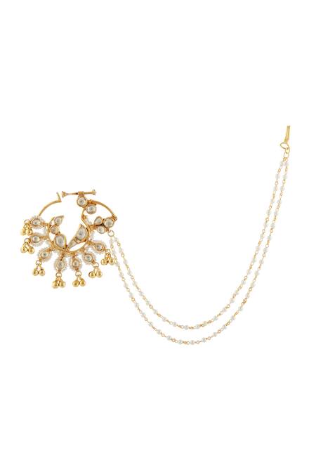 Just Shradhas Gold Plated Pearl Carved Nath Nose Pin Online at Aza Fashions Just Shradhas_Gold Plated Pearl Carved Nath Nose Pin_Online_at_Aza_Fashions