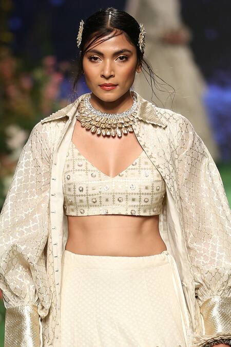 Pooja Shroff_White Embellished Chanderi Lehenga Set_Online_at_Aza_Fashions