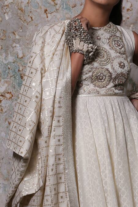 Shop Pooja Shroff White Self Chanderi Embellished Anarkali With Kimono at Aza Fashions Shop_Pooja Shroff_White Self Chanderi Embellished Anarkali With Kimono_at_Aza_Fashions