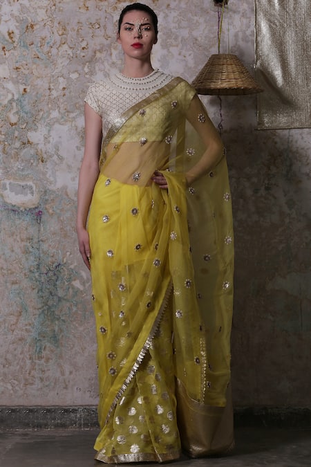 POOJA SHROFF Yellow Organza Chanderi Saree With Blouse