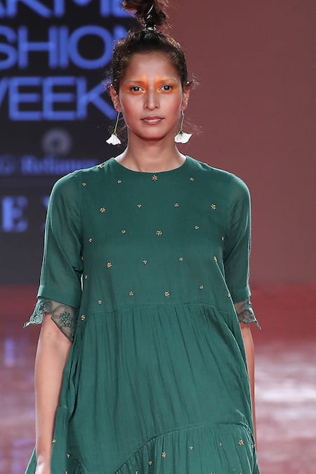 Kanelle_Green Cotton Embroidered Dress_Online_at_Aza_Fashions