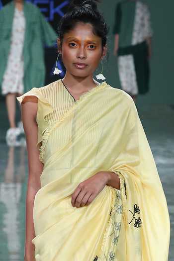 Kanelle_Yellow Mul Mul Cotton Embroidered Saree Blouse_Online_at_Aza_Fashions