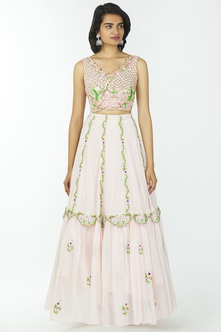 Buy Neha Mehta Couture Pink Pure Crepe V Neck Embroidered Bridal Lehenga Set Online at Aza Fashions Buy_Neha Mehta Couture_Pink Pure Crepe V Neck Embroidered Bridal Lehenga Set _Online_at_Aza_Fashions