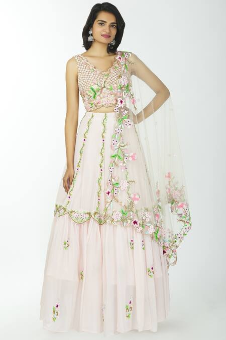 Neha Mehta Couture Pink Pure Crepe V Neck Embroidered Bridal Lehenga Set Online at Aza Fashions Neha Mehta Couture_Pink Pure Crepe V Neck Embroidered Bridal Lehenga Set _Online_at_Aza_Fashions