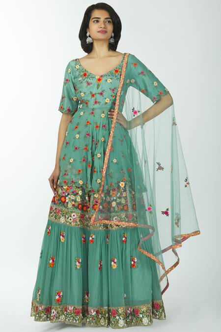 Neha Mehta Couture Blue Pure Georgette V Neck Embroidered Kurta Lehenga Set Online at Aza Fashions Neha Mehta Couture_Blue Pure Georgette V Neck Embroidered Kurta Lehenga Set _Online_at_Aza_Fashions