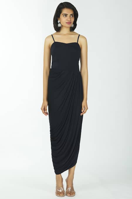 Neha Mehta Couture Black Silk, Lycra Jacket Lapel Gown Sweetheart With Draped Online at Aza Fashions Neha Mehta Couture_Black Silk, Lycra Jacket Lapel Gown Sweetheart With Draped _Online_at_Aza_Fashions